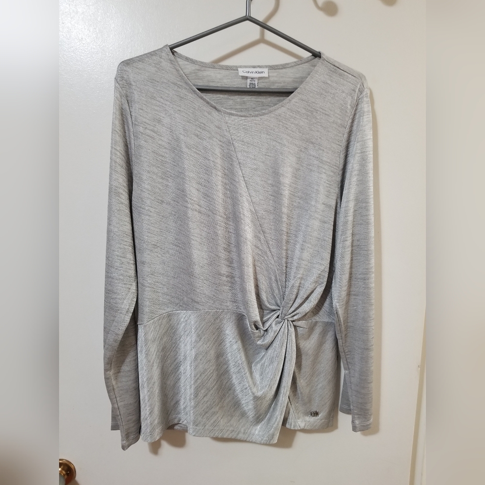 Calvin Klein Shimmer Silver Long Sleeve Knot Front Top XL